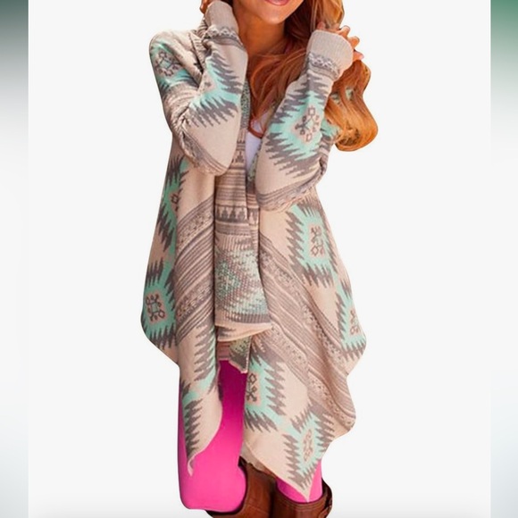 Womens Aztec Print Drape Open Front Drape Boyfriend Cardigan Sweaters - Picture 4 of 7